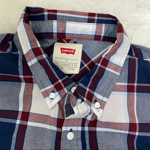 LEVI'S Casual Plaid Short Sleeve Cotton Blend Button Down Shirt Size Large Caber - Picture 9 of 9